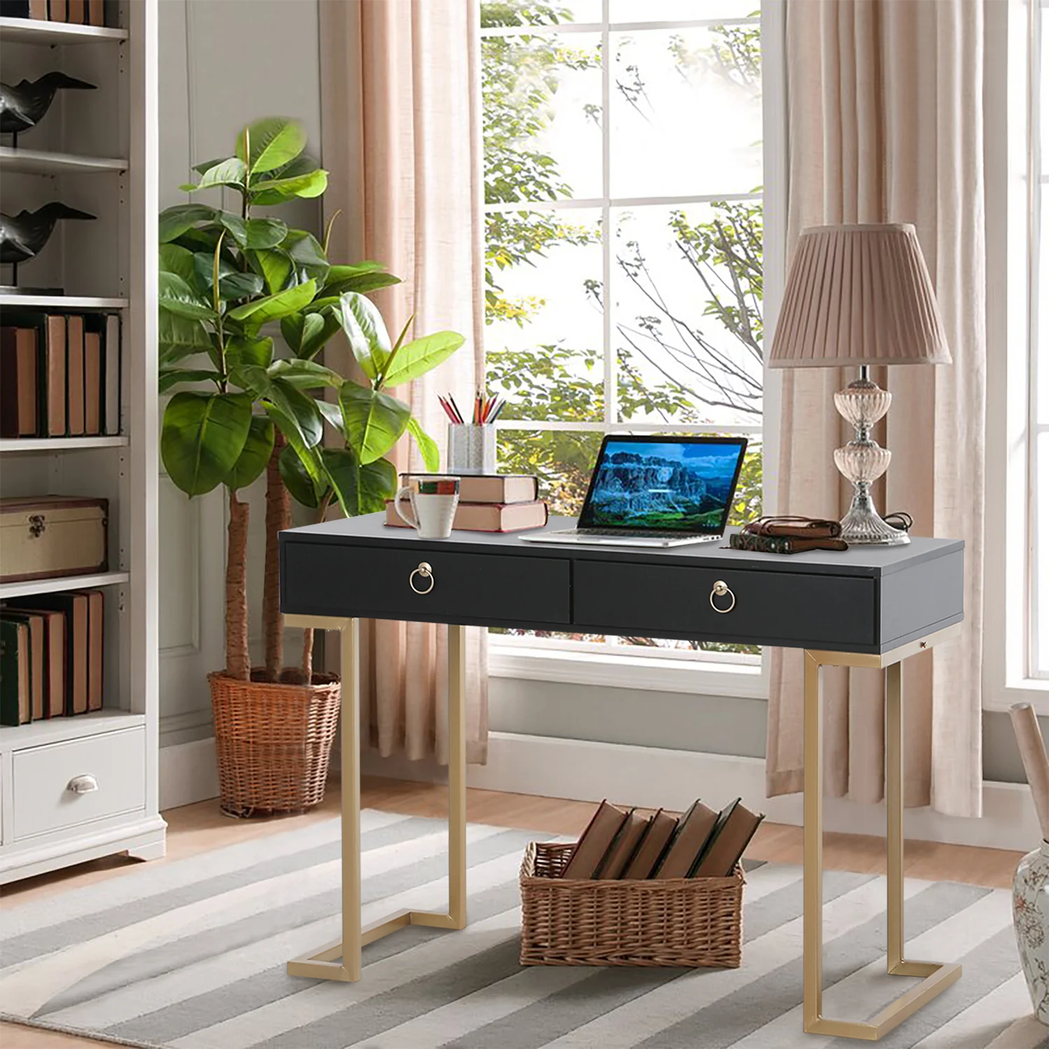 PHI VILLA Double Drawer Desk with Steel Legs, Home Office Computer Desk or Vanity Table