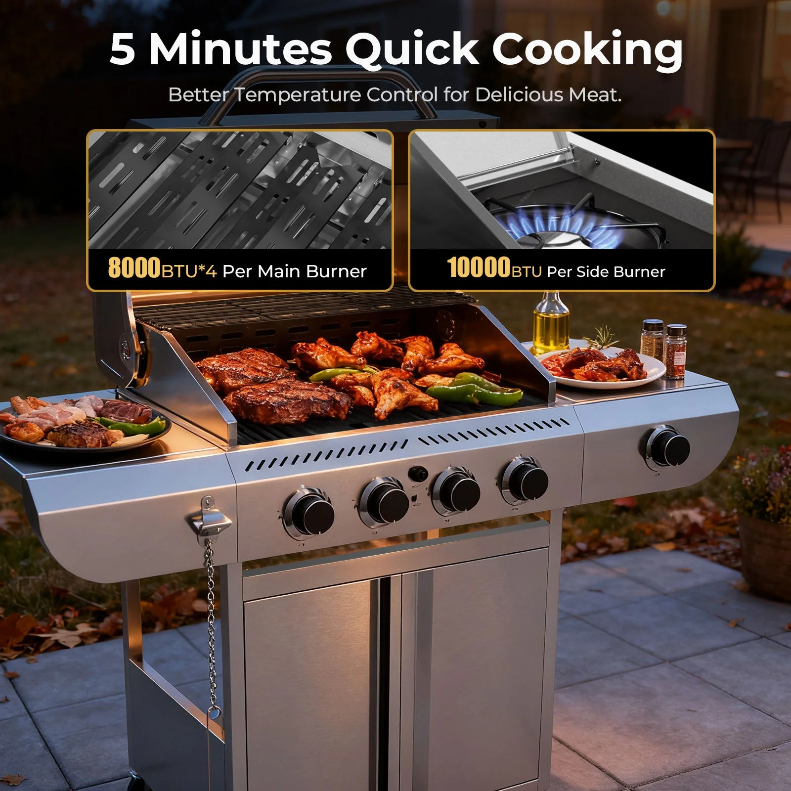 R.W.FLAME 4-Burner 42000 BTU Propane Gas Grill with Side Burners Stainless Steel for Patio Yard