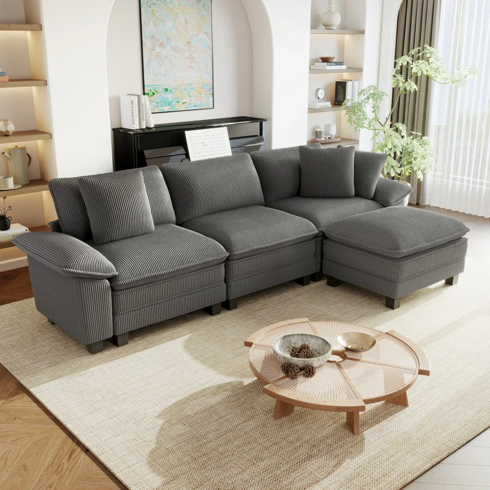 Corduroy Sectional Cloud Sofa with Removable Arms and Ottomans for Living Room