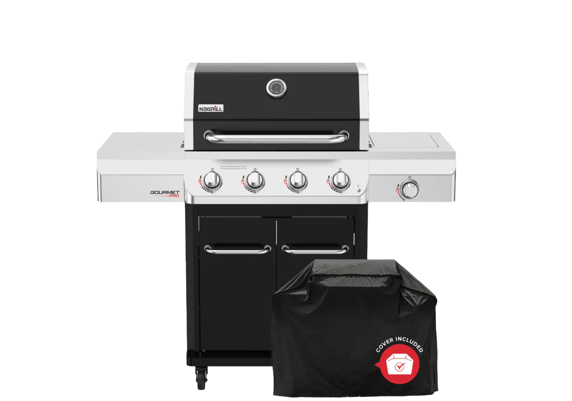 Gourmet Pro 4-Burner Gas Grill with Side Burner in Black with Cover