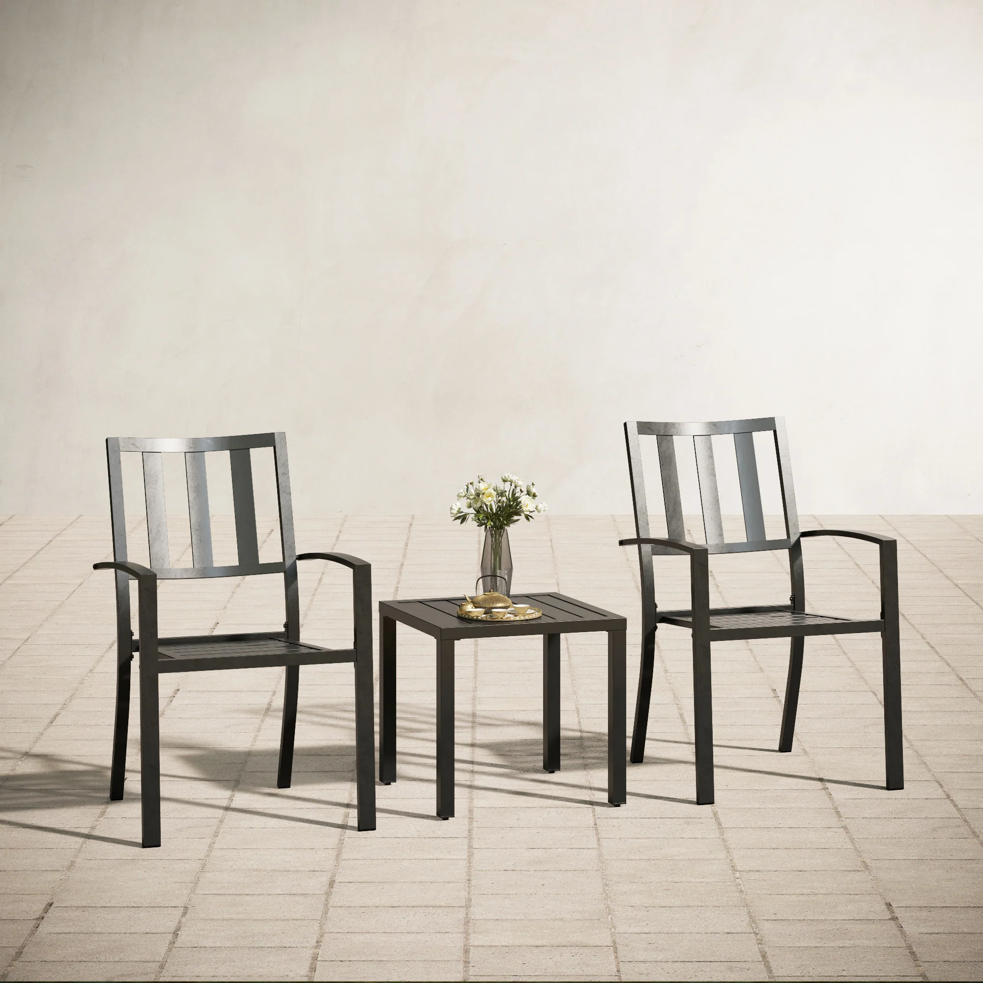 PHI VILLA Side Table & 2 Stackable Chairs 3-Piece Outdoor Bistro Set