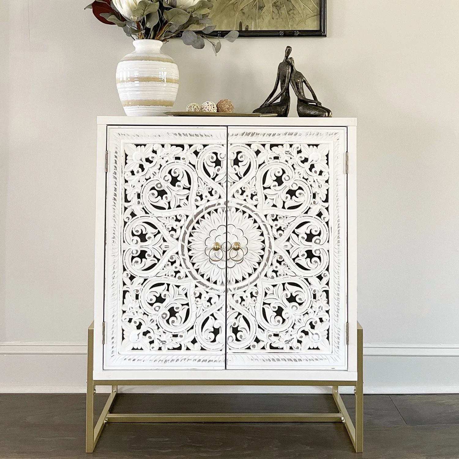 White Carved Accent Cabinet - MFSTUDIO