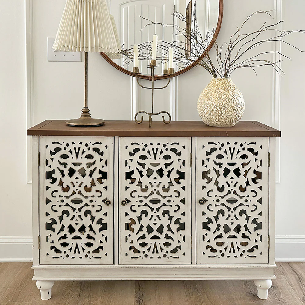 Accent Storage Cabinet with Decorative Carved -MFSTUDIO