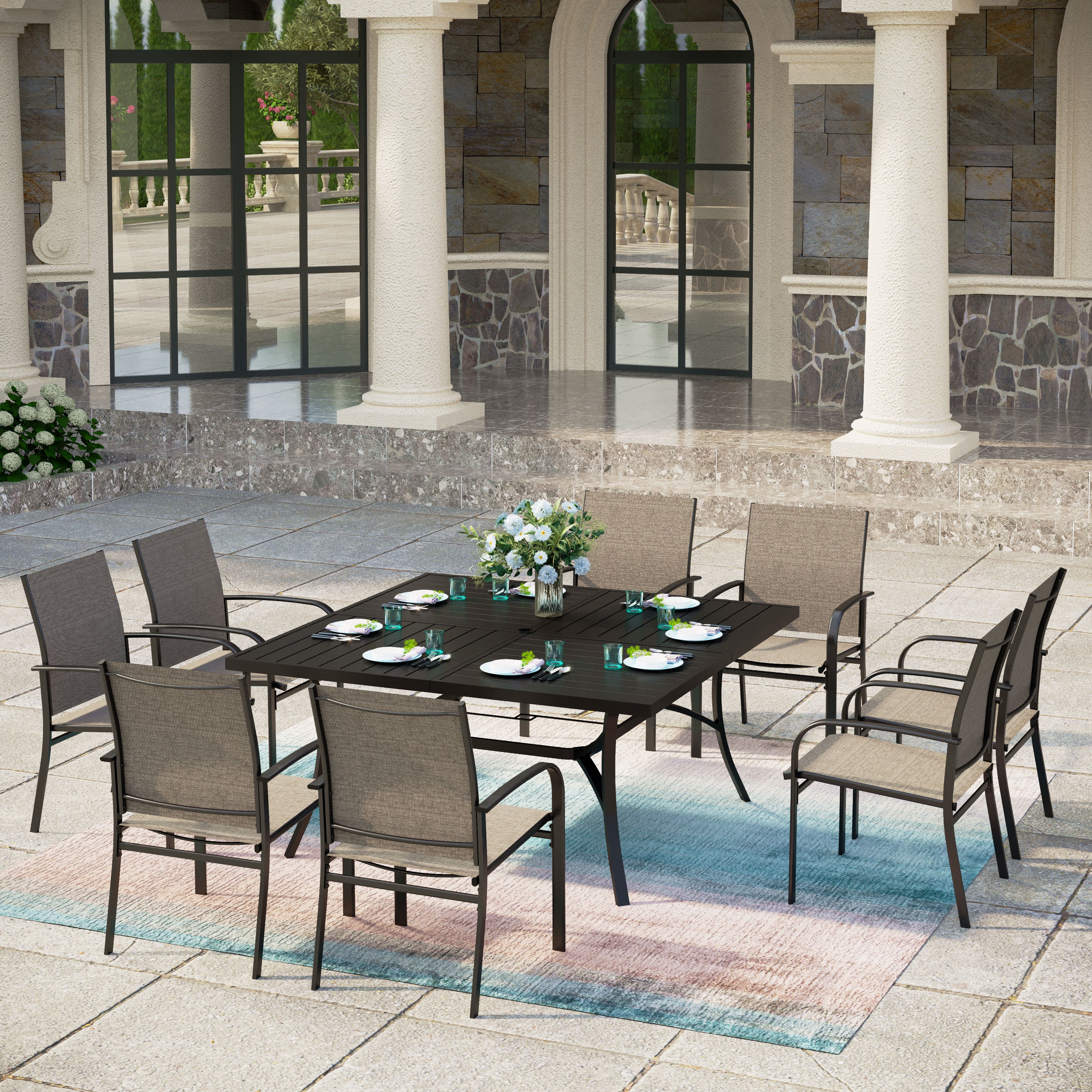 Sophia & William 9-Pcs Patio Dining Set Extra Large Square Table & Textilene Fixed Chairs
