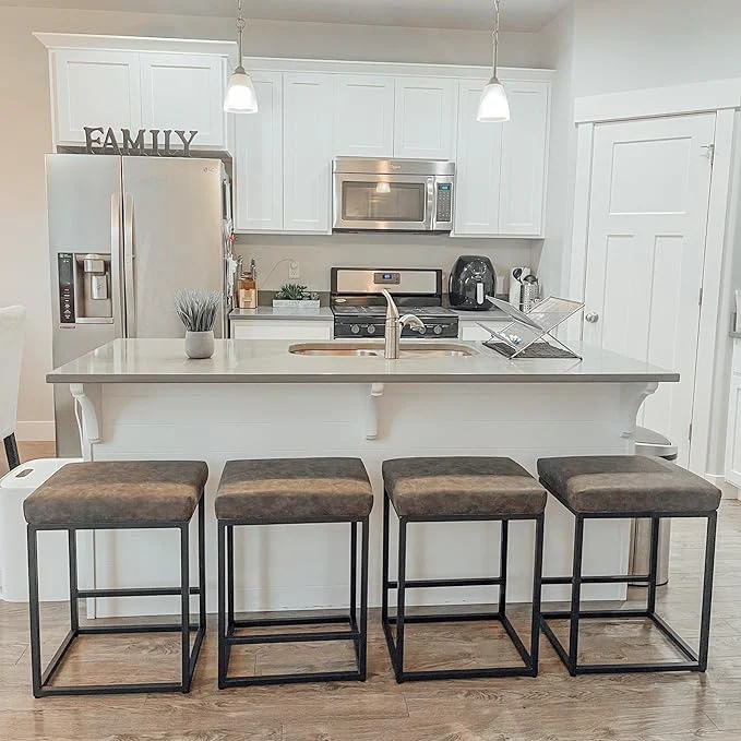 PHI VILLA 24'' Backless PU Leather Bar Stools for Kitchen Island with Sturdy Metal Frame- Set of 4