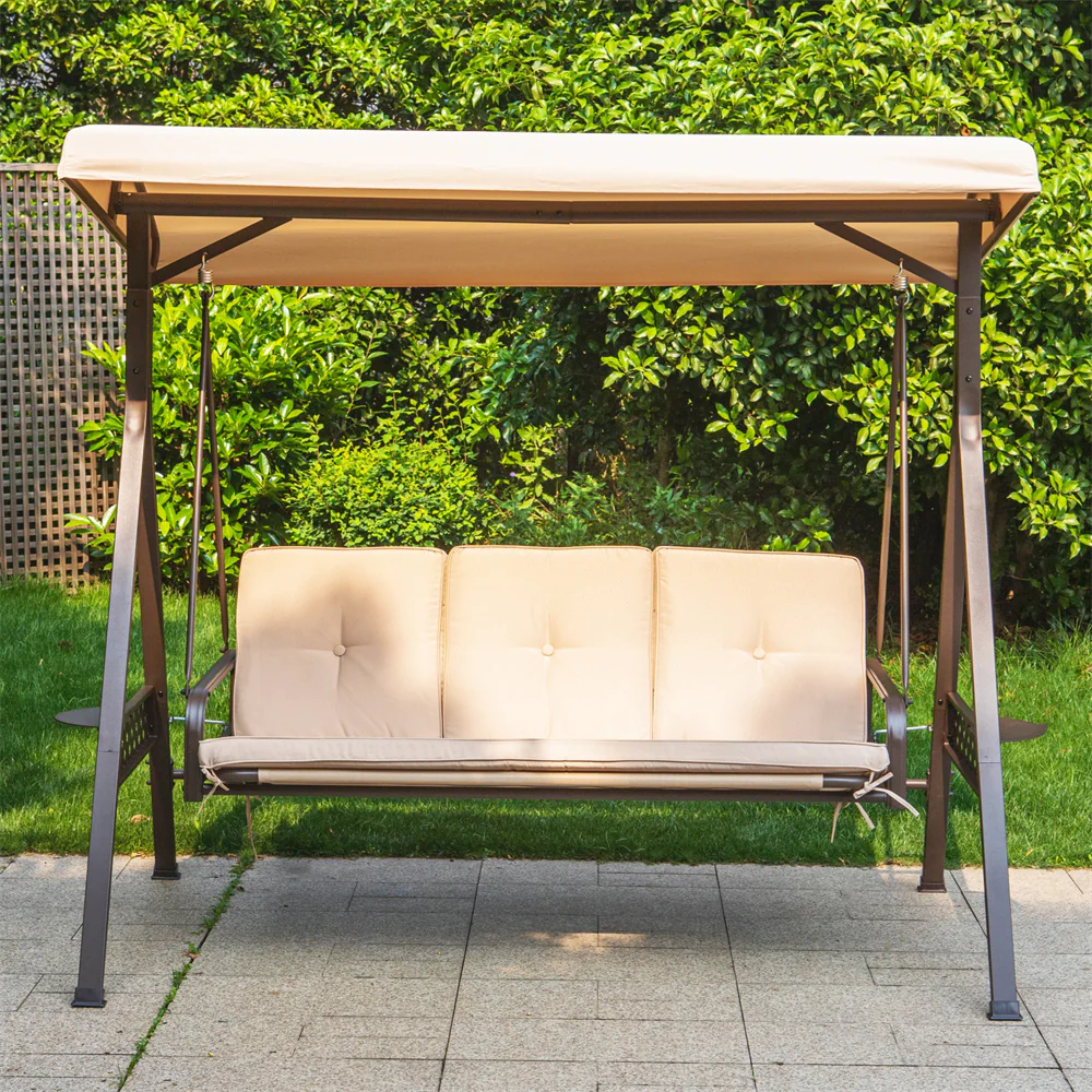 MFSTUDIO Outdoor 3-seat Patio Porch Swing Chair with Canopy & Cushions