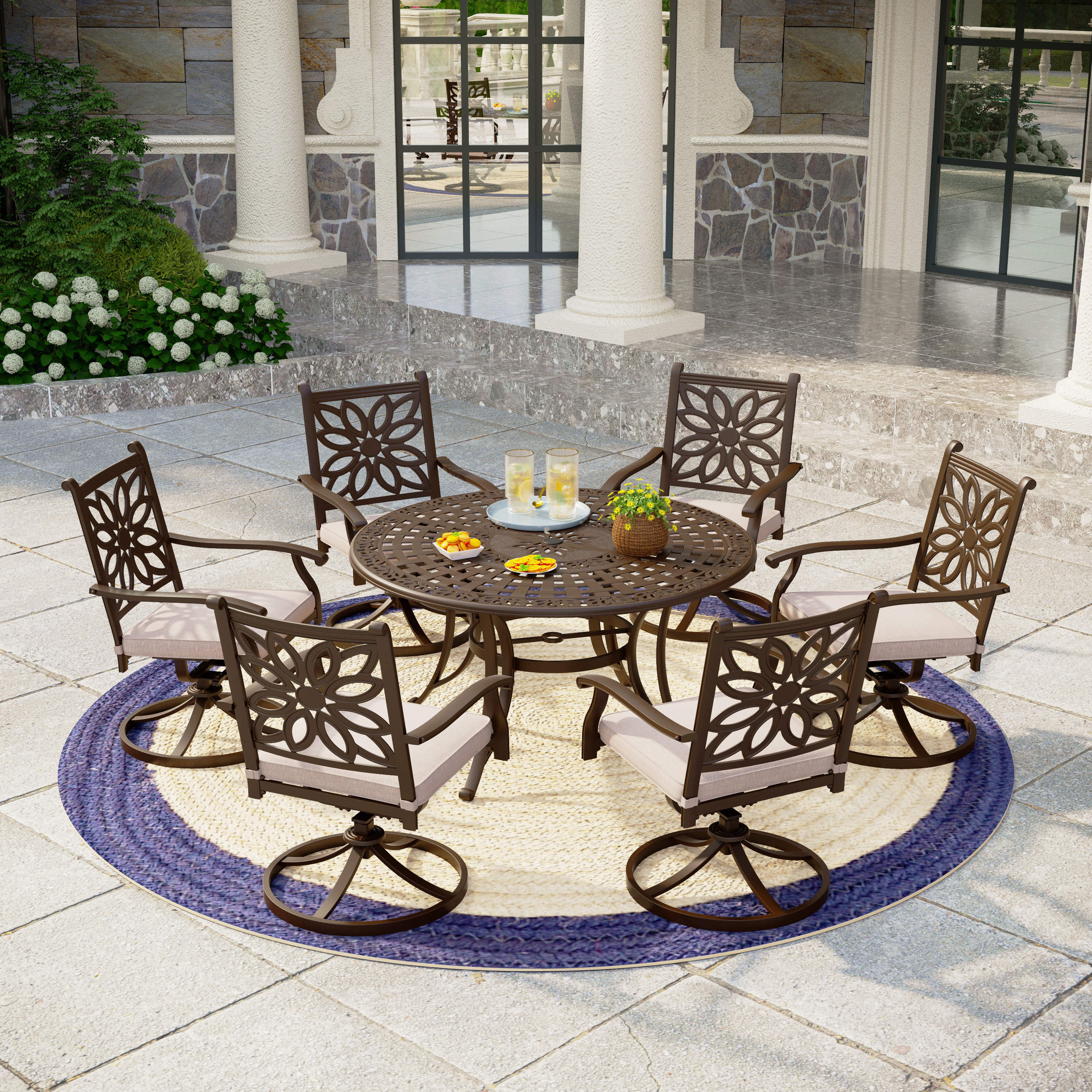 Sophia & William 7-Piece Cast Aluminum Patio Dining Set Round Table & Flower Back Chairs