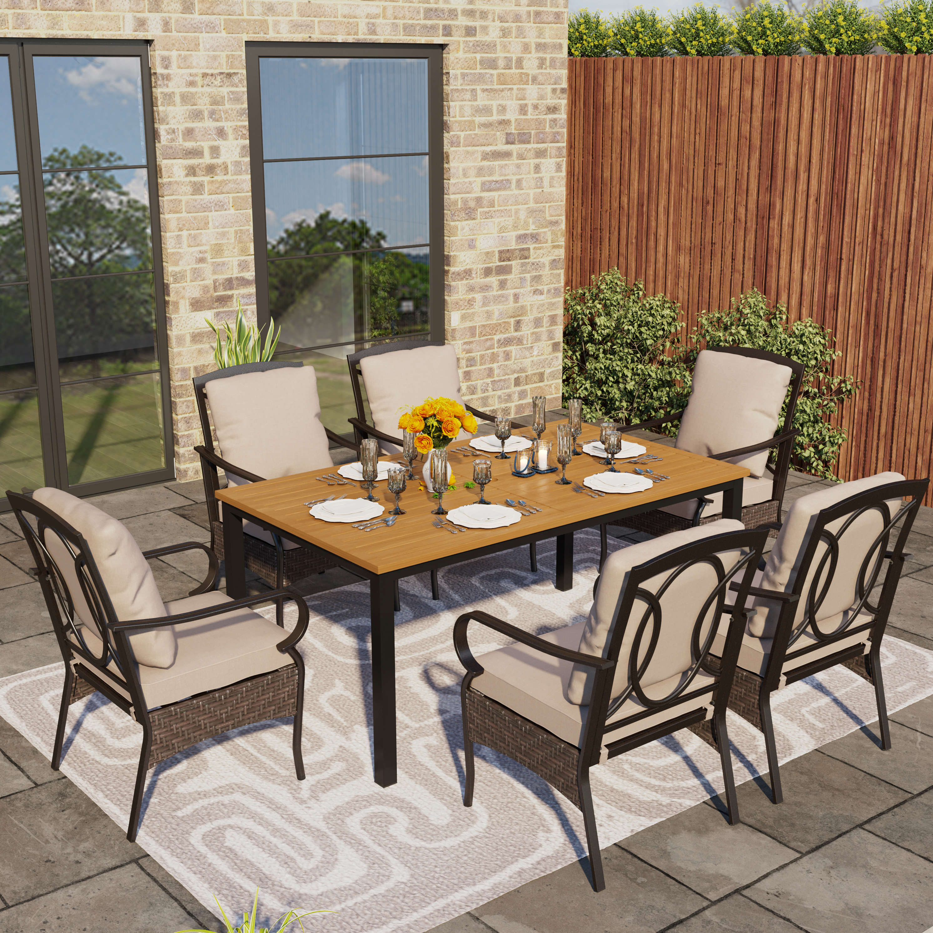 Sophia & William 7-Piece Large Teak-grain Table & Rattan-steel Cushion Fixed Chairs Patio Dining Sets