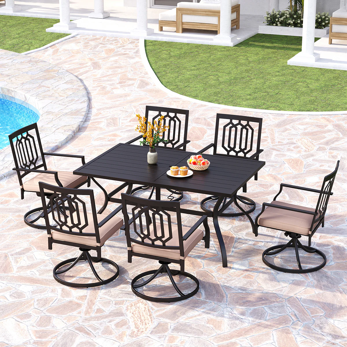 PHI VILLA Rectangle Steel Table and Swivel Chairs 7-Piece Patio Dining Sets
