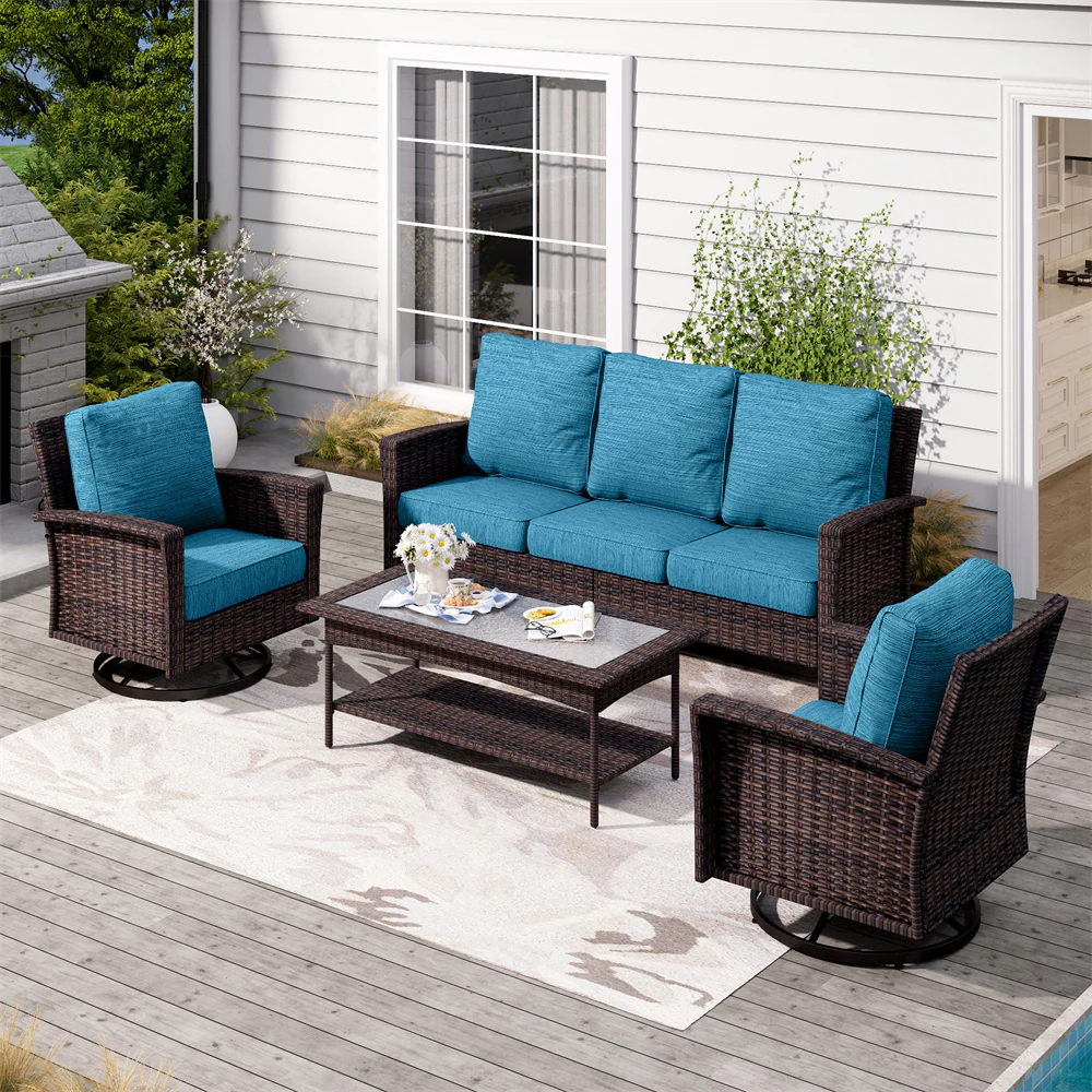 Phi Villa 5 Seats Wicker Patio Conversation Sofa Set with Swivel Chairs
