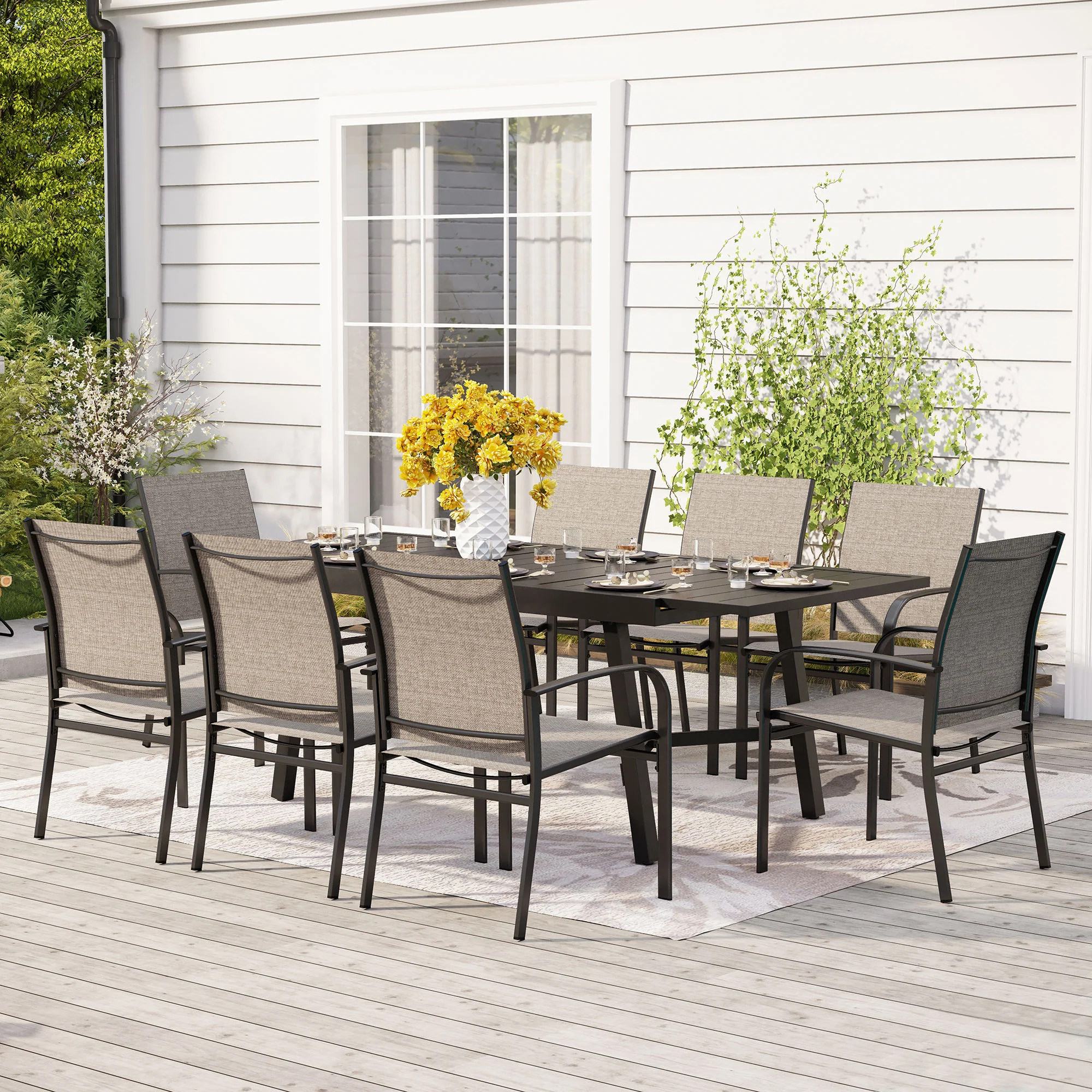 Sophia & William 9-Piece Patio Dining Set Reinforced Extendable Table & Textilene Fixed Chairs