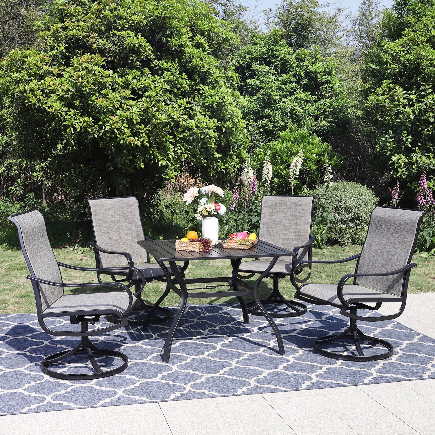 Phi Villa 5-Piece Steel Square Table & Textilene Swivel Chairs Outdoor Patio Dining Set