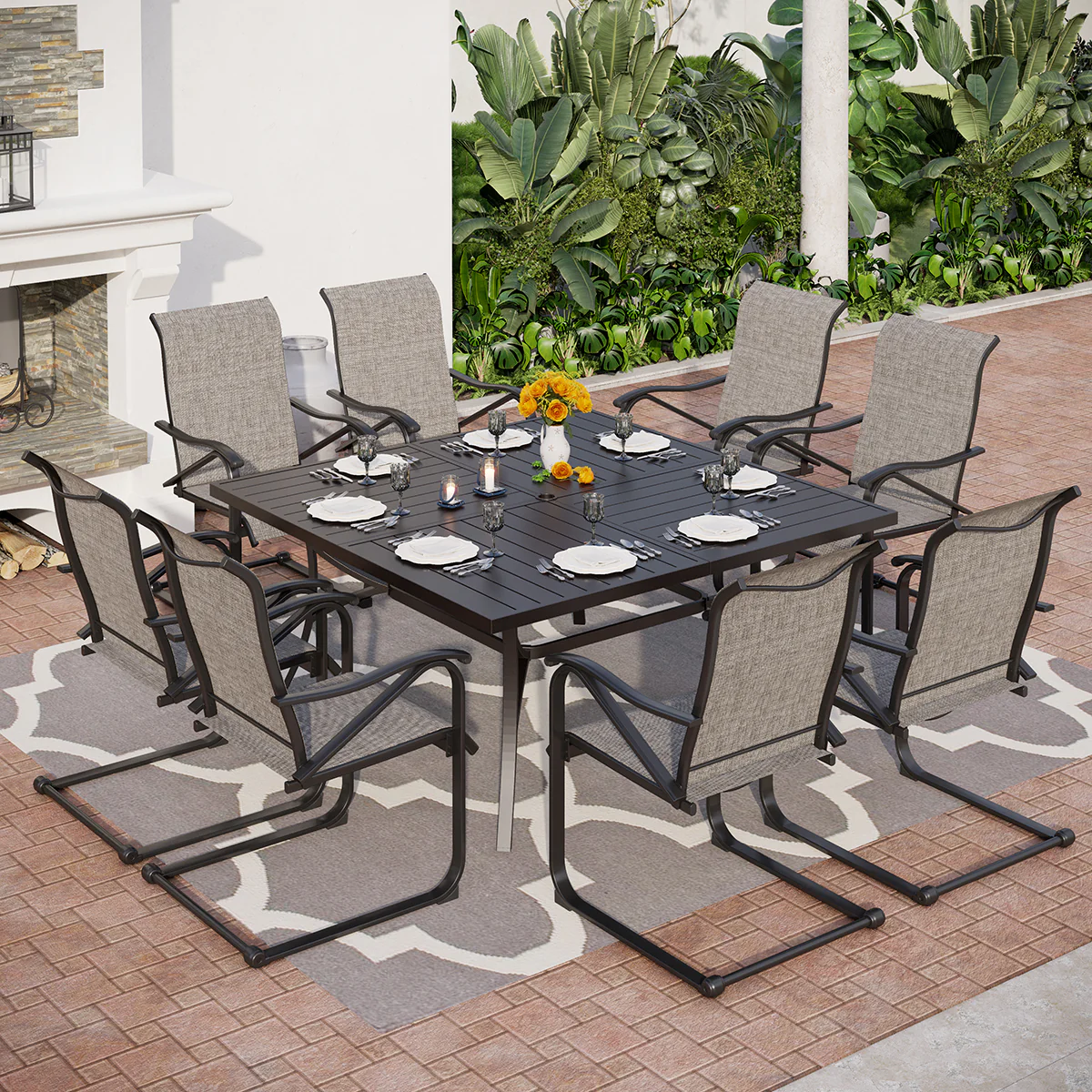 PHI VILLA 9-Piece Patio Dining Sets Extra Large Square Table & Textilene C-spring Chairs
