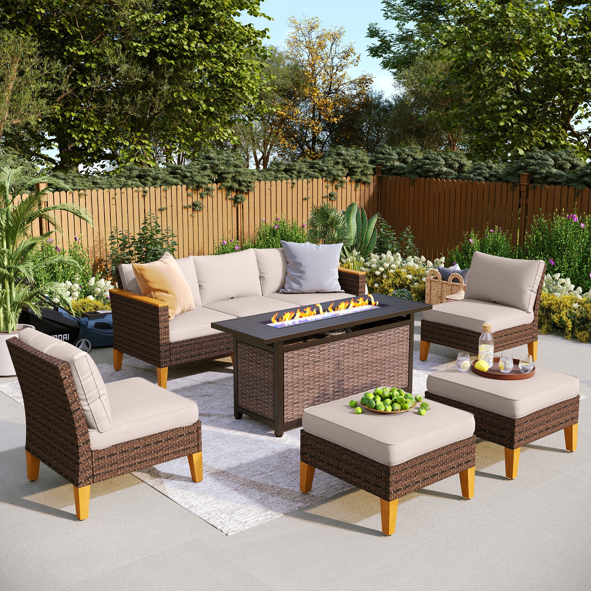 PHI VILLA 7-Seat Luxurious Half-moon Rattan Sofa with 56