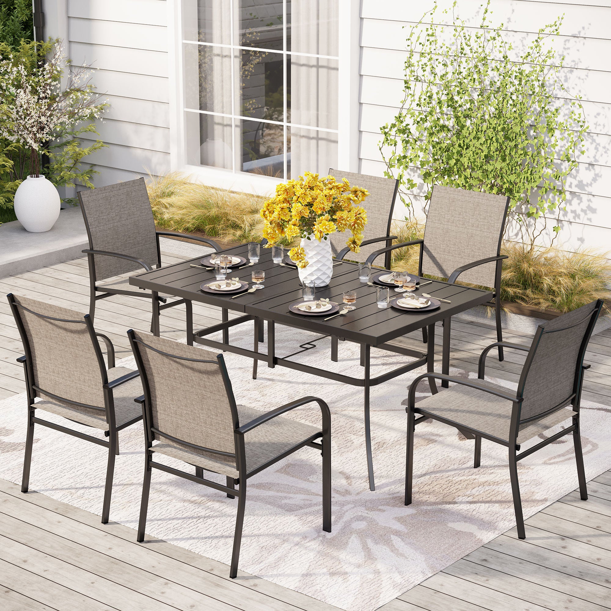 Phi Villa 7-Piece Colorful Textilene Fixed Chair Dining Sets for Backyard