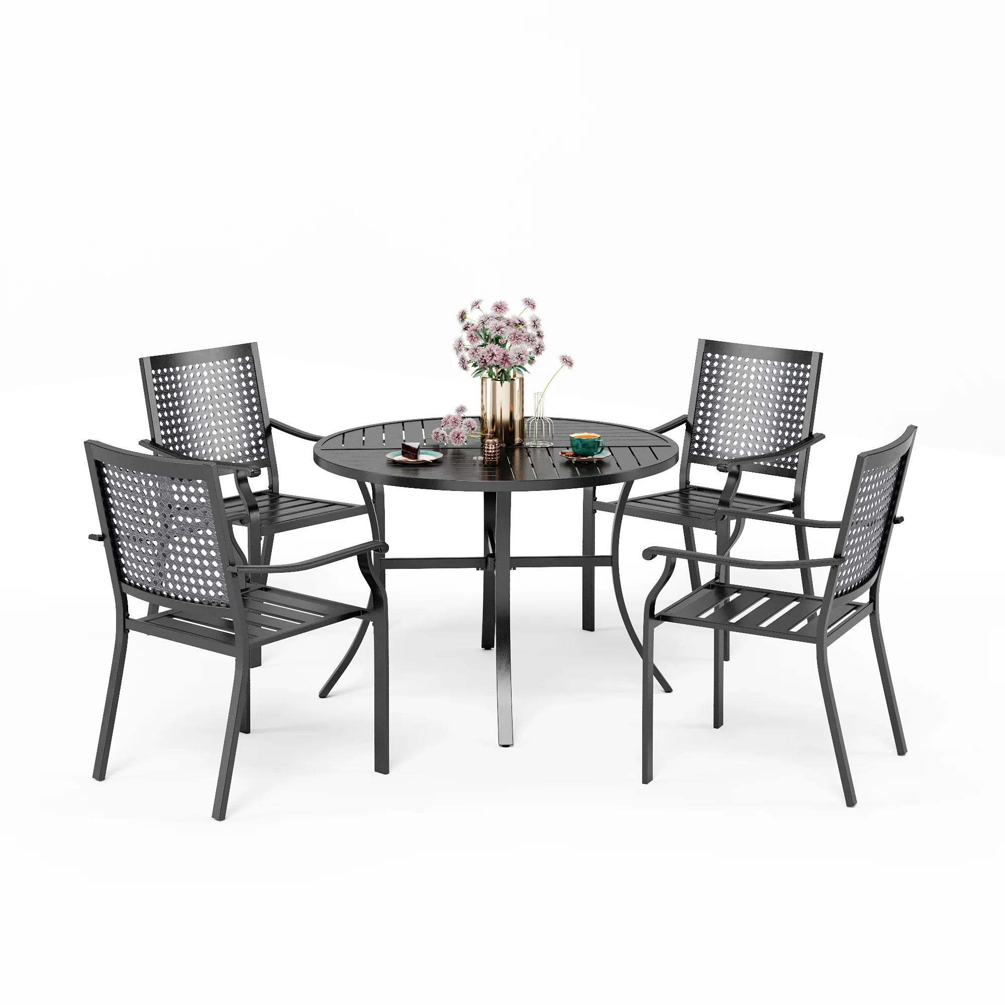 MFSTUDIO 5-Piece Outdoor Dining Set Geometrically Stamped Round Table & Bull's Eye Pattern Dining Chairs