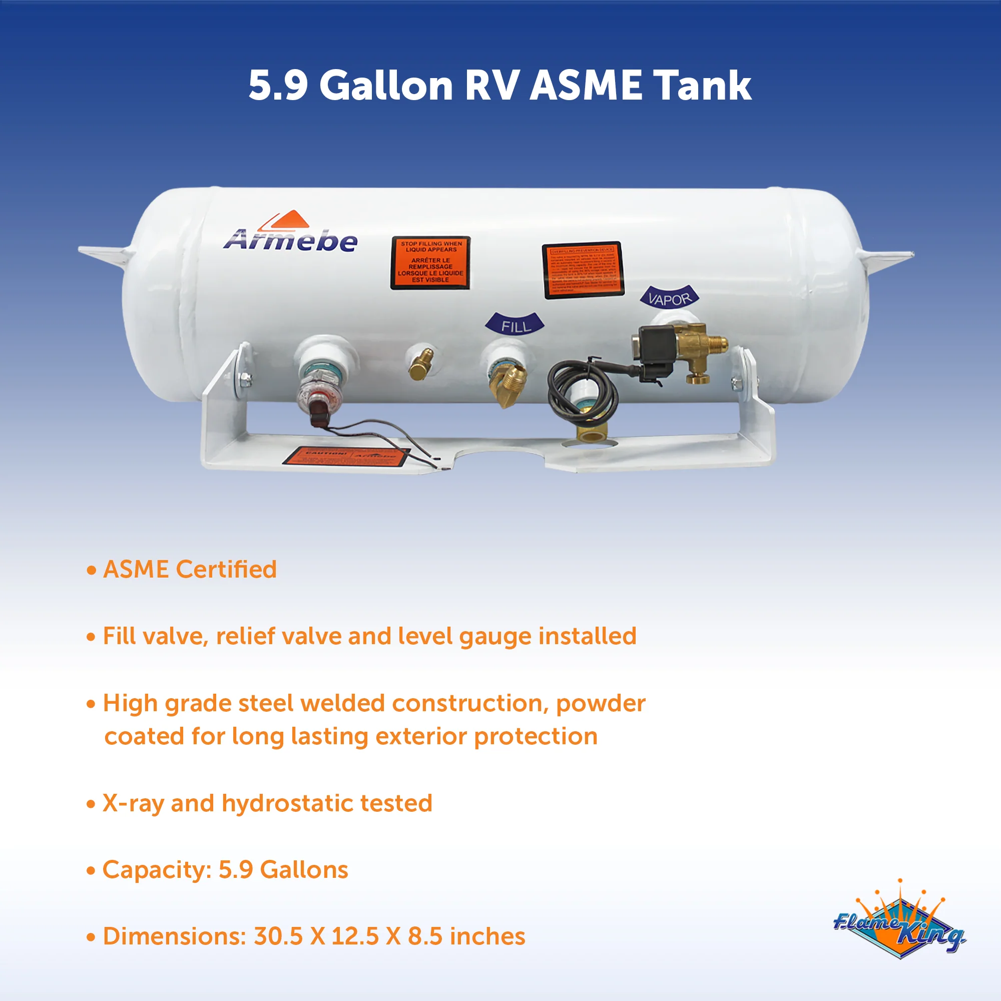 Flame King 5.9 Gallon ASME RV Trailer Propane Tank with Remote Valves & Solenoid