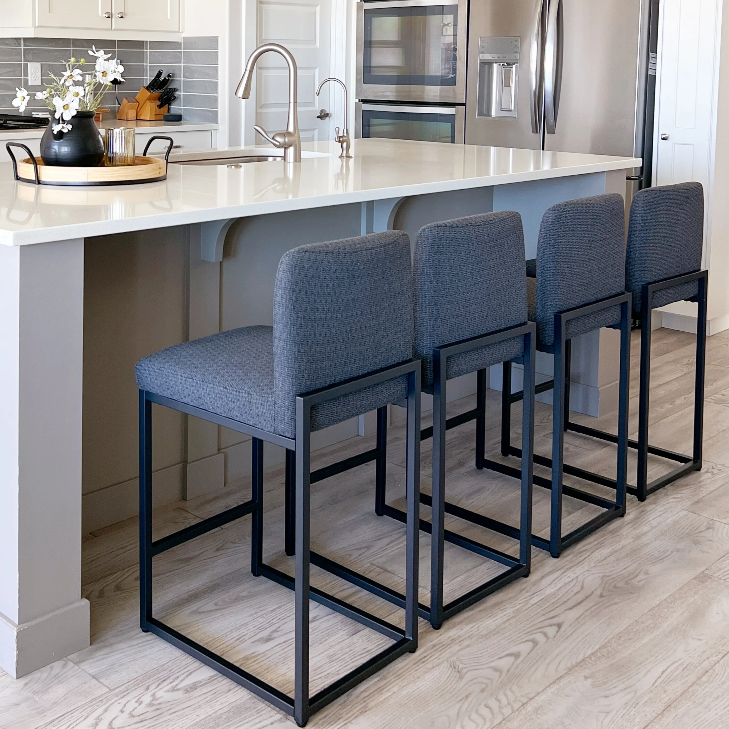 PHI VILLA 24 Inch Counter Height Bar Stool Chenille Upholstered with Backrest- Set of 4