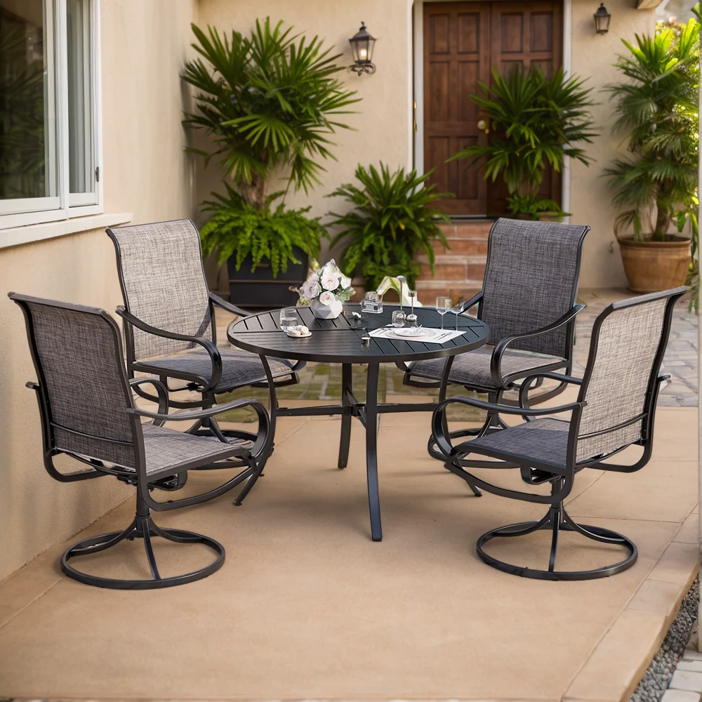 PHI VILLA 5-Piece Patio Dining Set Textilene Swivel Chairs & Geometrically Stamped Round Table