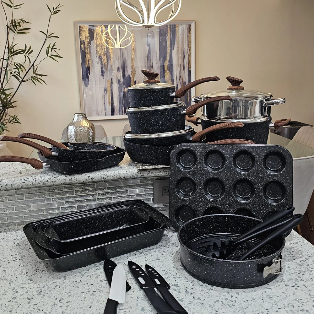 Kitchen Academy Ultimate 30 Pieces Granite-Coating Nonstick Induction Cookware Set for Easy Dinner Ideas