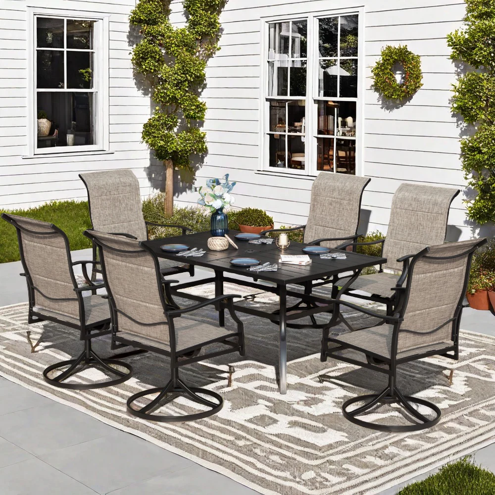 PHI VILLA 7-Piece Patio Textilene High Back Swivel Chairs and Steel Rectangle Table Dining Set