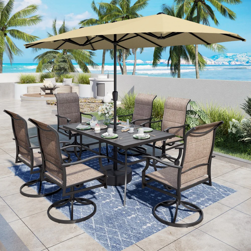 PHI VILLA 8-Piece 13ft Umbrella Patio Dining Set with High Back Textilene Swivel Chair and Metal Table