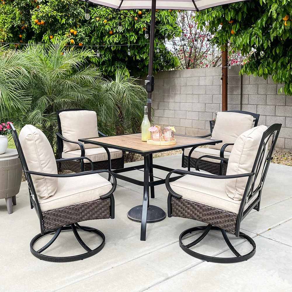 Sophia & William 5-Piece Wood-look Table/Round Metal Table & Cushioned Rattan-steel Chairs Outdoor Dining Set
