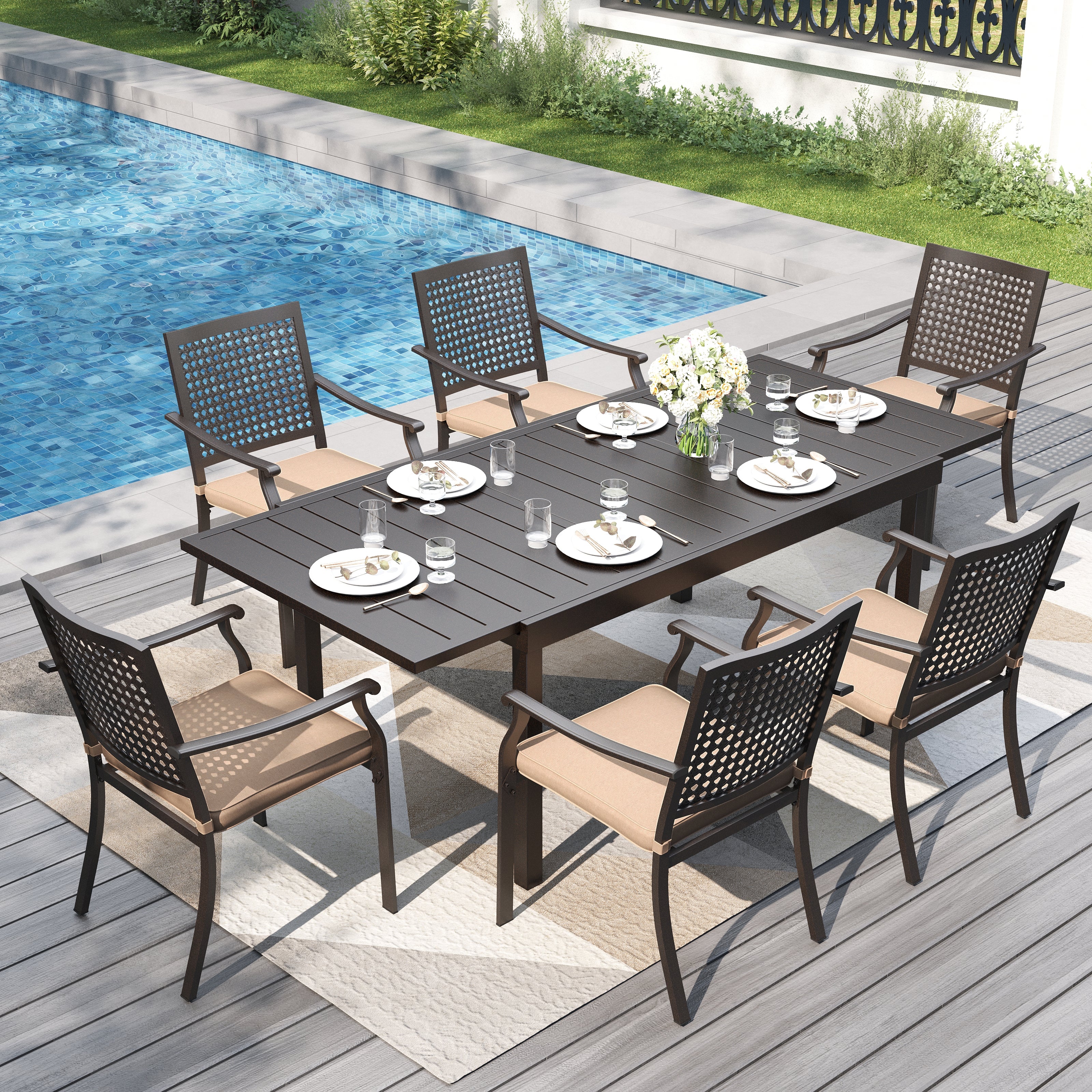 MFSTUDIO Outdoor Dining Set Extendable Steel Table & Bull's Eye Pattern Dining Chairs