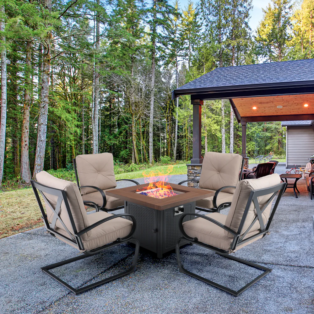 Sophia & William 5-Piece Gas Fire Pit Patio Dining Set Wood-look Gas Fire Pit Table 50,000 BTU & 4 C-spring Cushioned Chairs