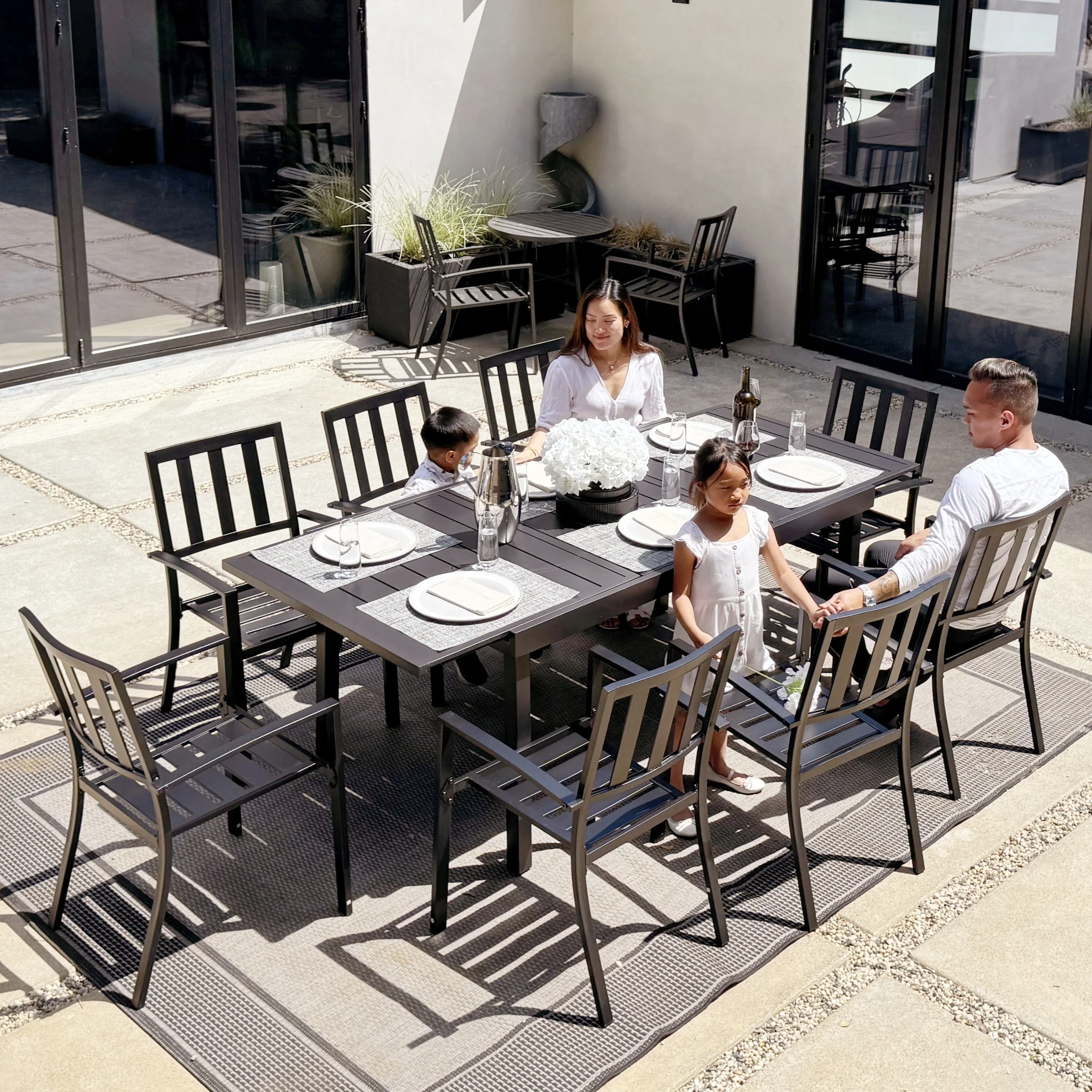 PHI VILLA Adjustable Steel Table and Stackable Chairs Metal Outdoor Patio Dining Sets