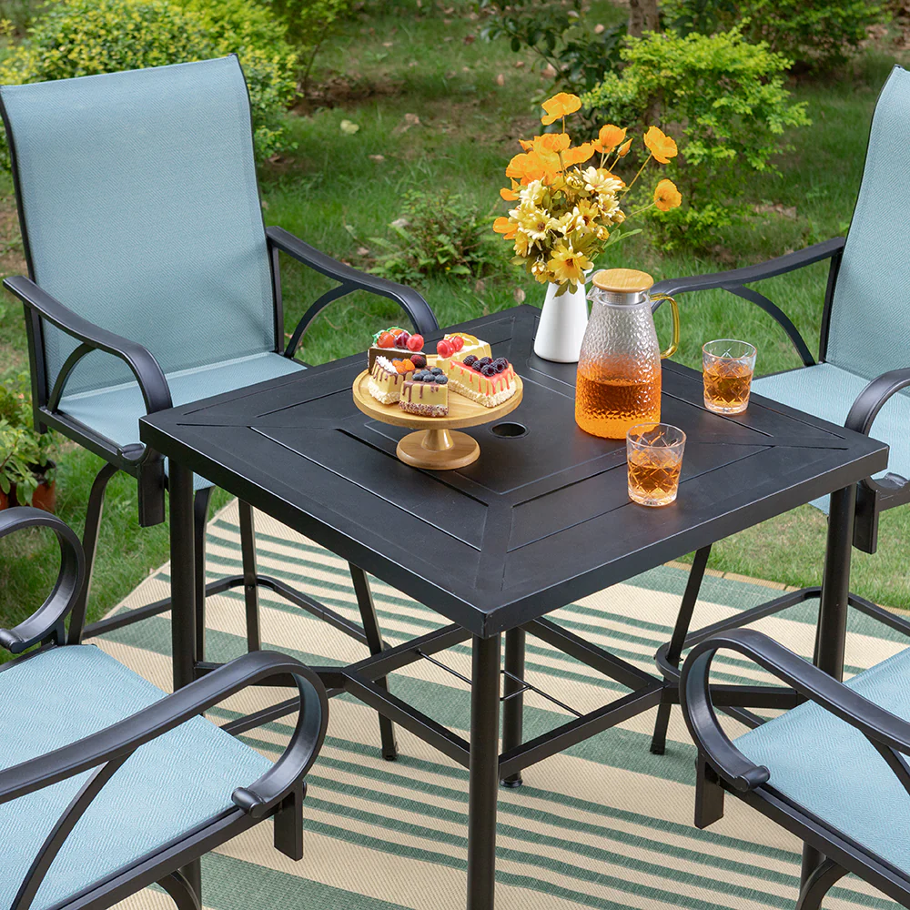 MFSTUDIO Aqua Textilene Swivel Patio Bar Stool Sets with Geometrically-stamped High Bar Table