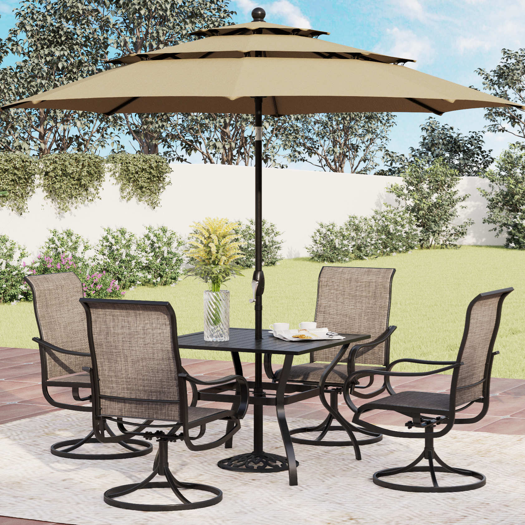 PHI VILLA 6-Piece Patio Dining Set with an Umbrella Steel Square Table & Textilene Swivel Chairs