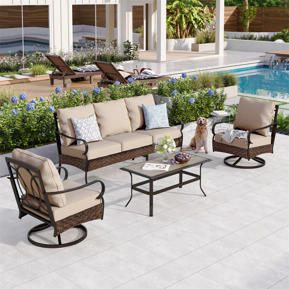 PHI VILLA 5-Seat Thick Cushion Steel-Rattan Patio Conversation Sofa Set with Coffee Table