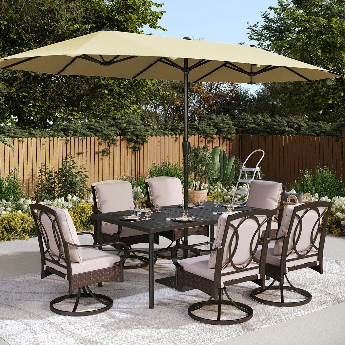 Sophia & William Luxurious Thick-Cushion Rattan-steel Swivel Chairs 7-Pcs Patio Dining Set