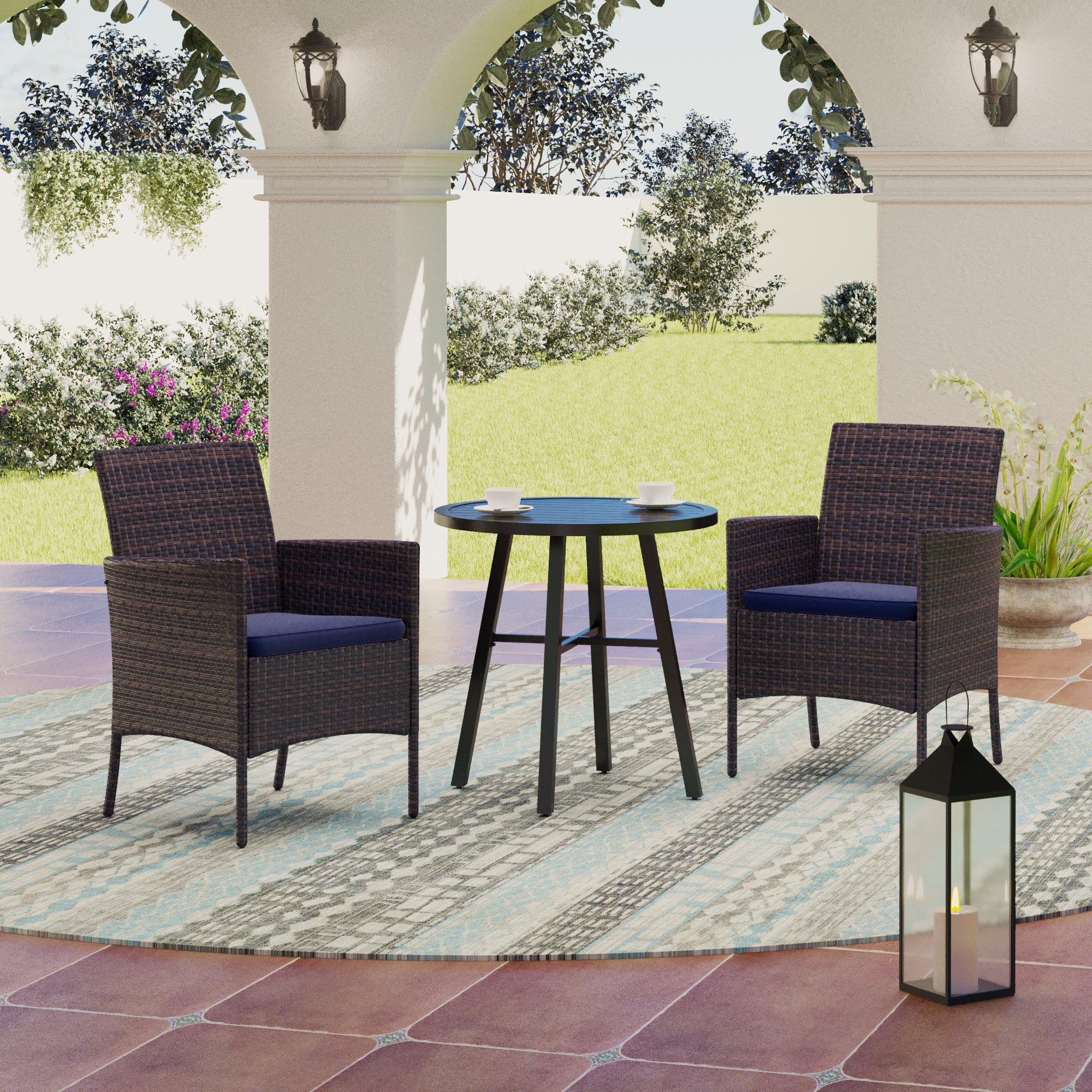 MFSTUDIO Small Round Table & Cushioned Rattan Dining Chairs 3-Piece Patio Bistro Set
