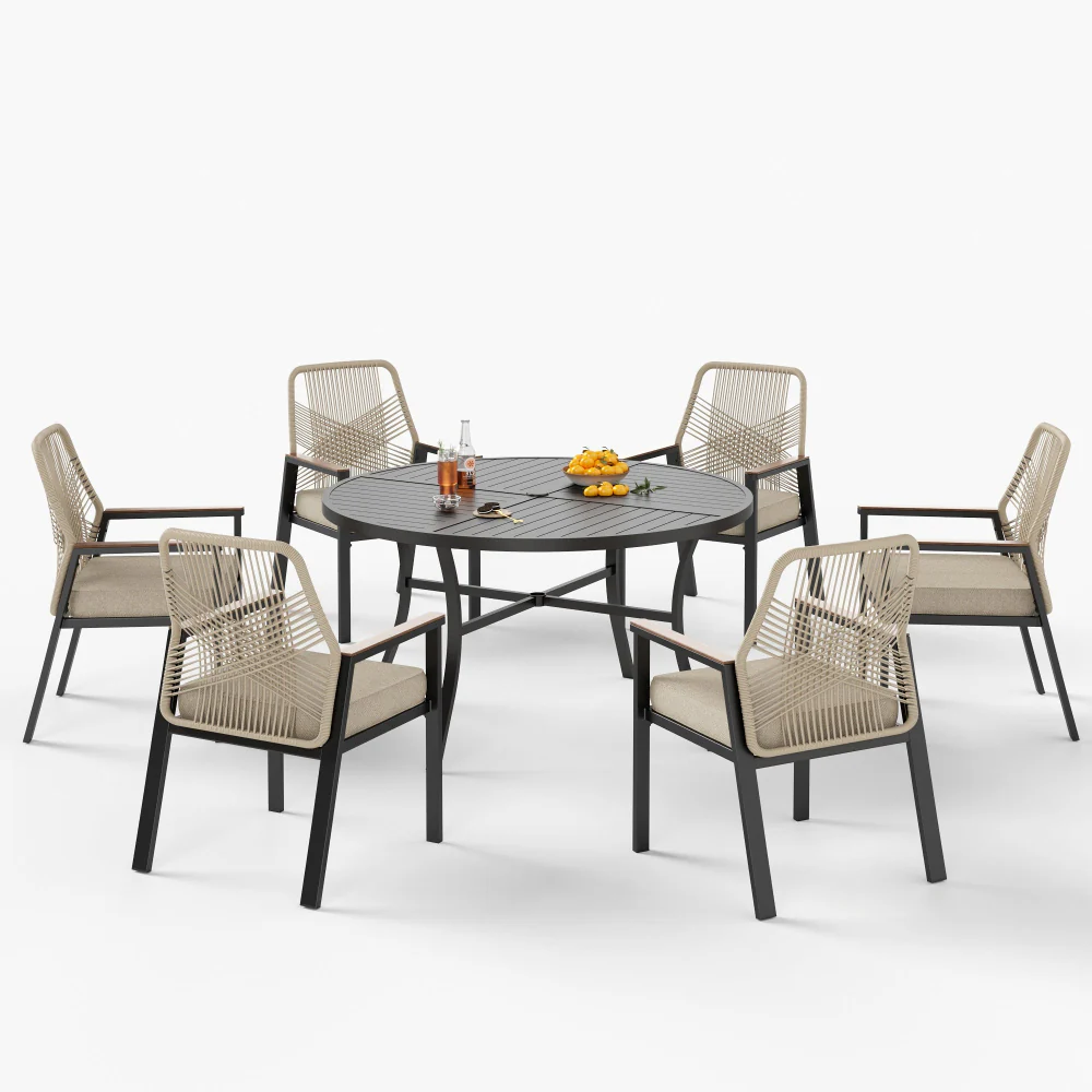 PHI VILLA 5/7-Piece Outdoor Patio Dining Set with Round Table and Woven Rope Rattan Chairs