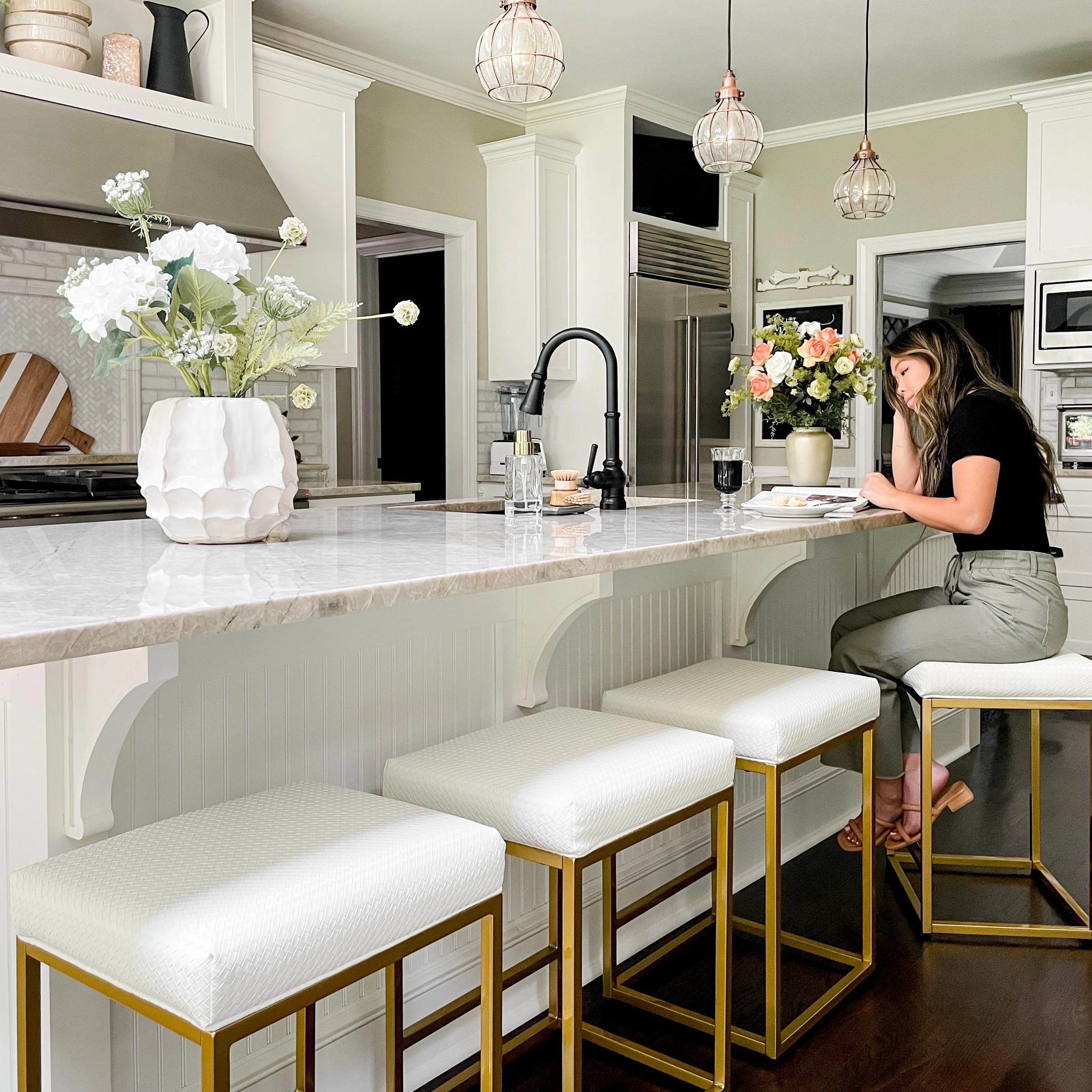 PHI VILLA 24 Inch Backless Counter Height Bar Stool White PU Leather Seat with Metal Frame