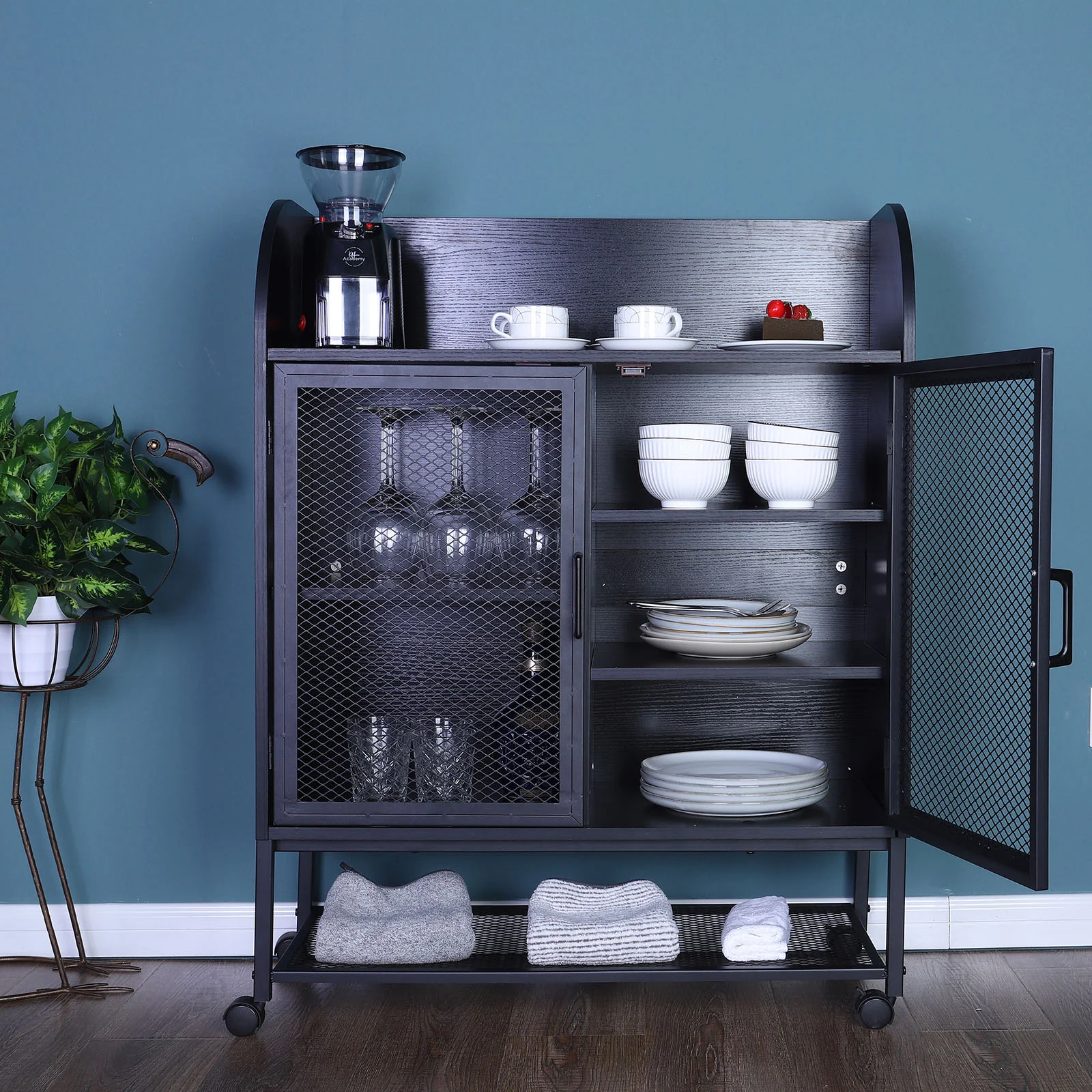 PHI VILLA Movable Kitchen Island Cart with Visual Doors and Storage Cabinets