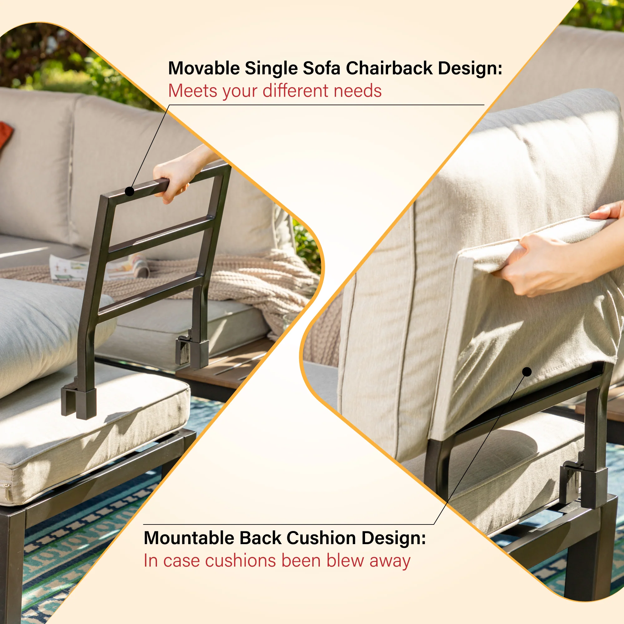 PHI VILLA 6-Seat Patio Sofa Set with Fire Pit Table