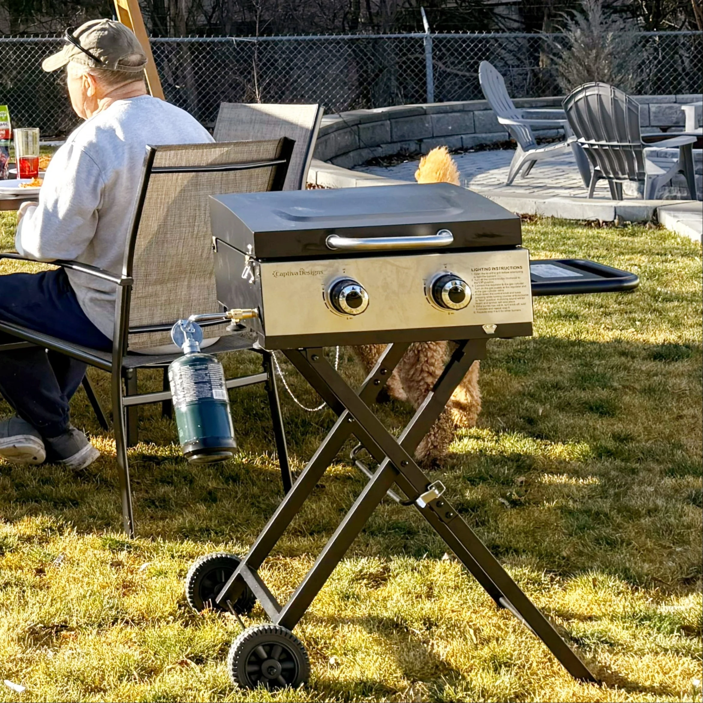 Captiva Designs 2-in-1 Portable Gas Griddle with Foldable Cart for Camping & Backyard, 20,000 BTU