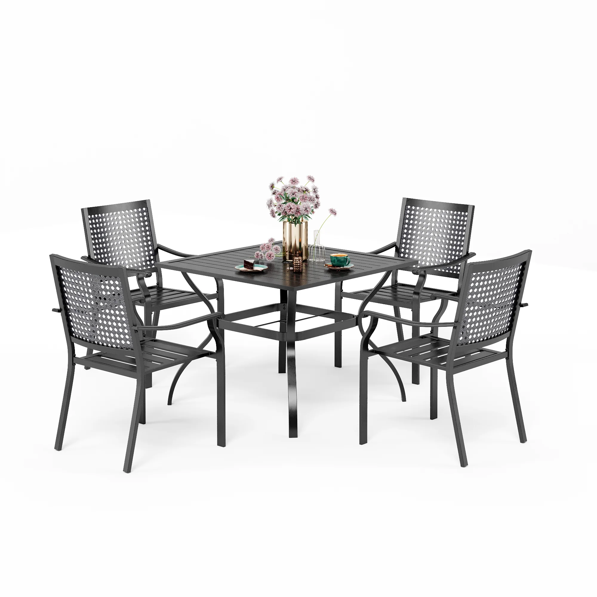 MFSTUDIO 5-Piece Outdoor Dining Set Steel Square Table & Bull's Eye Pattern Dining Chairs