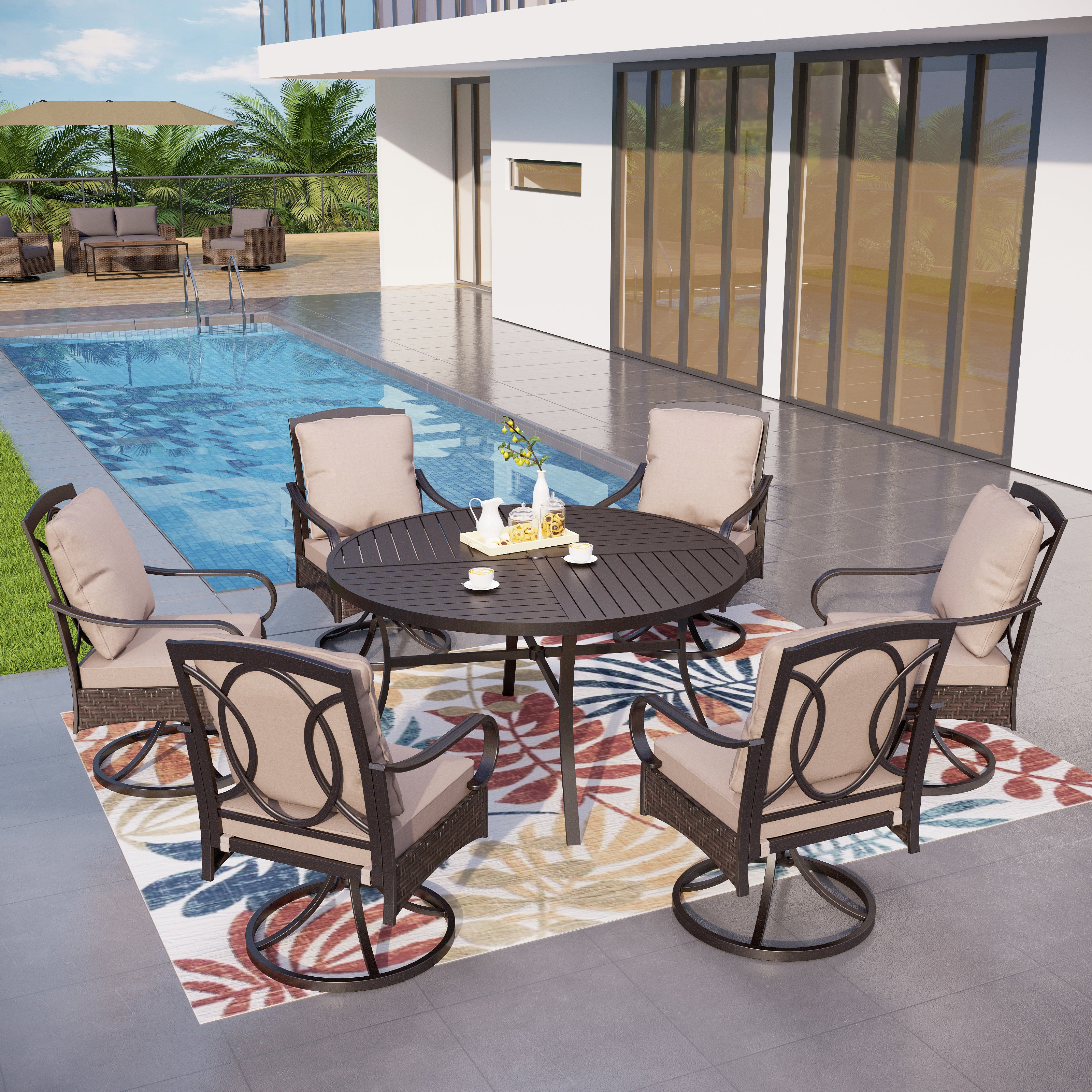 Sophia & William 7-Piece Patio Dining Set Round Steel Table & Rattan Chairs