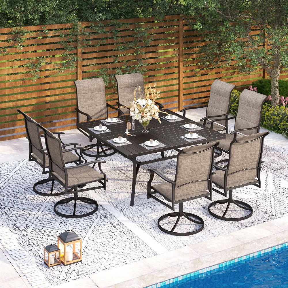 PHI VILLA 9-Pcs Patio Dining Set with Enlarged Table & High Back Textilene Swivel Chair