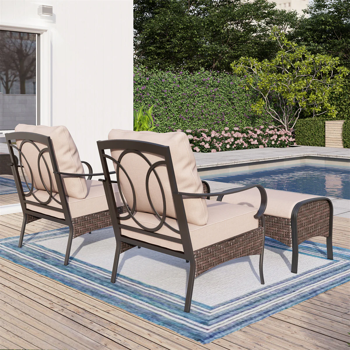 Phi Villa 2-Seater Rattan-steel Cushioned Outdoor Conversation Set with Ottomans