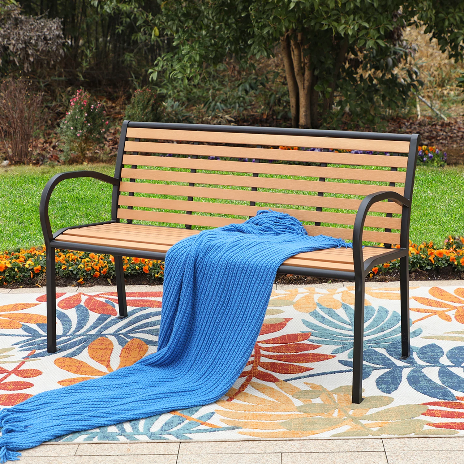 PHI VILLA Steel Wood-Plastic Outdoor Bench for Park, Garden, Backyard