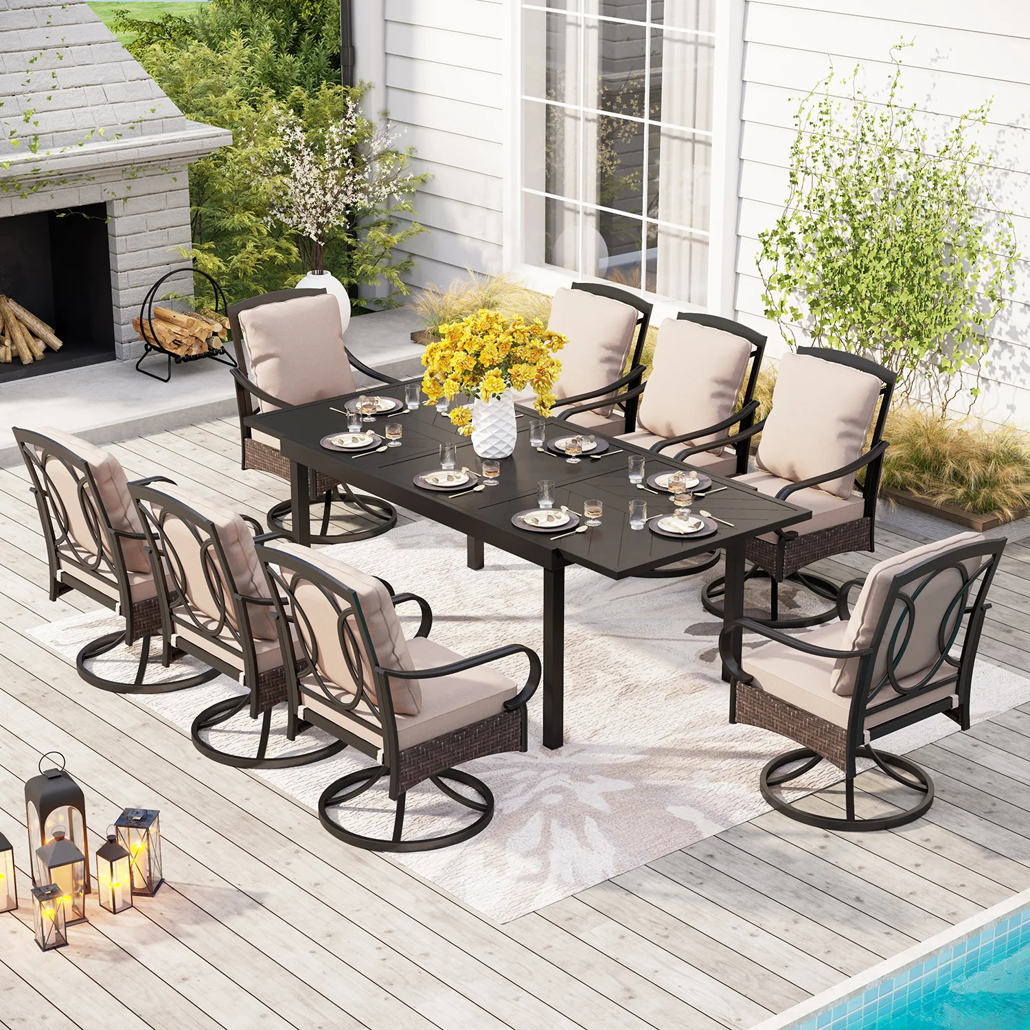Sophia & William 9/7-Piece Patio Dining Set Embossed Extendable Table & Rattan-steel Swivel Chairs with Thick Cushions