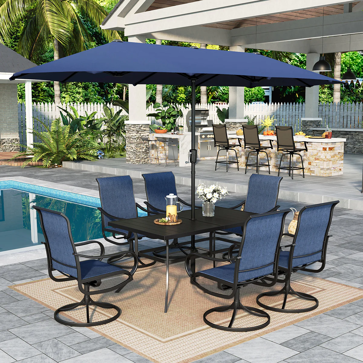 Sophia & William 8-Piece 13ft Umbrella Patio Dining Set with Denim Blue / Grey Textilene Swivel Chair
