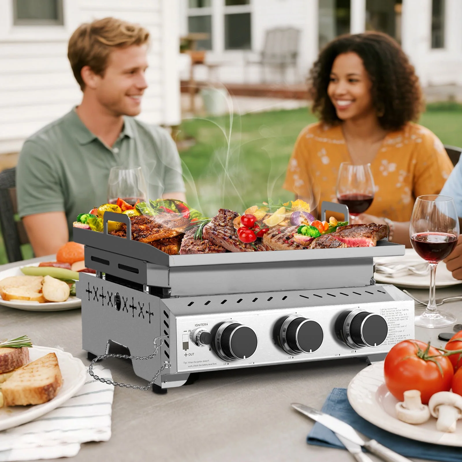 R.W.FLAME 3-Burner 24000 BTU Stainless Steel Tabletop Gas Gril for BBQ Camping Picnic