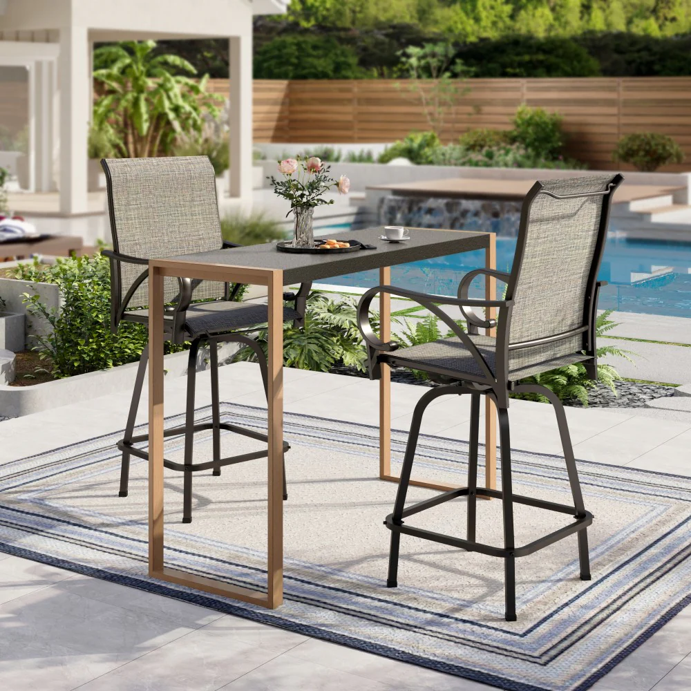 Sophia & William 3-Piece Outdoor Bar Set-Sea Stone Table & Gray/Aqua Textilene Swivel Stools