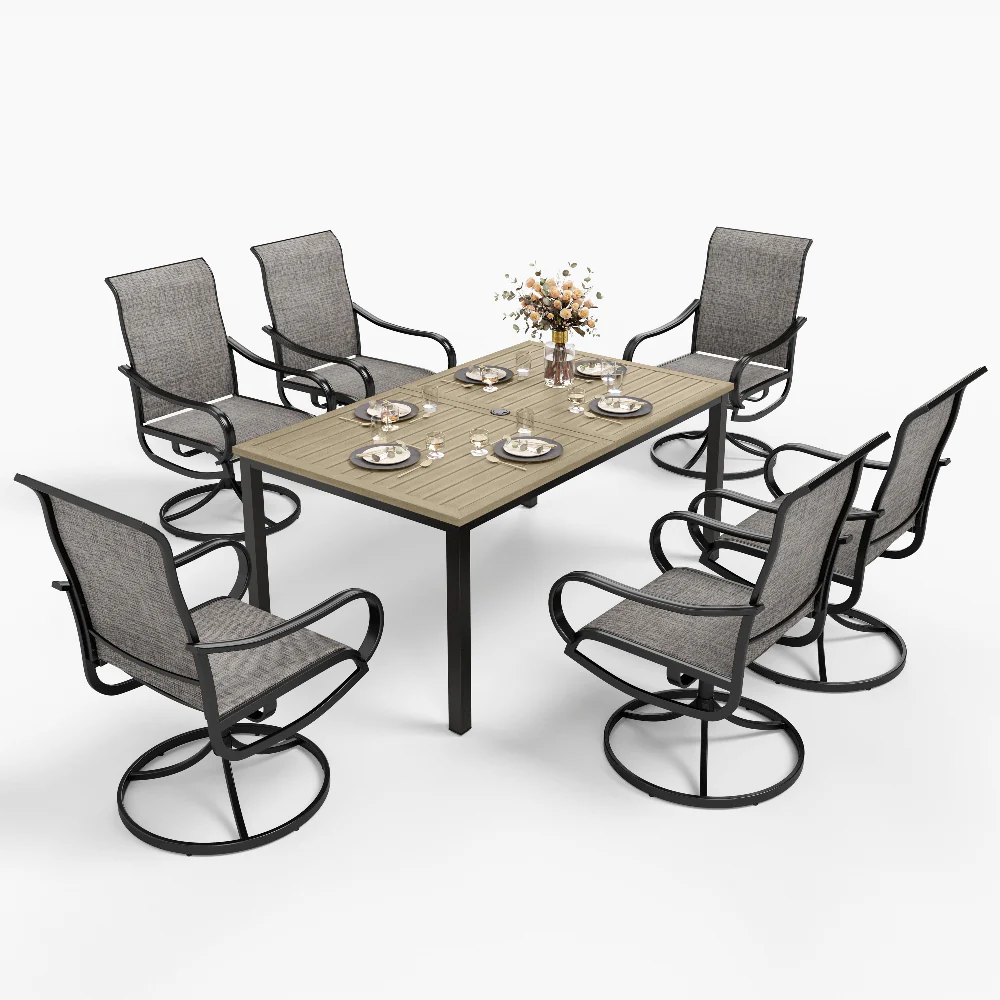 PHI VILLA 7-Piece Patio Dining Set Farmhouse Style Wood Grain Patio Dining Table & Textilene Swivel Chairs
